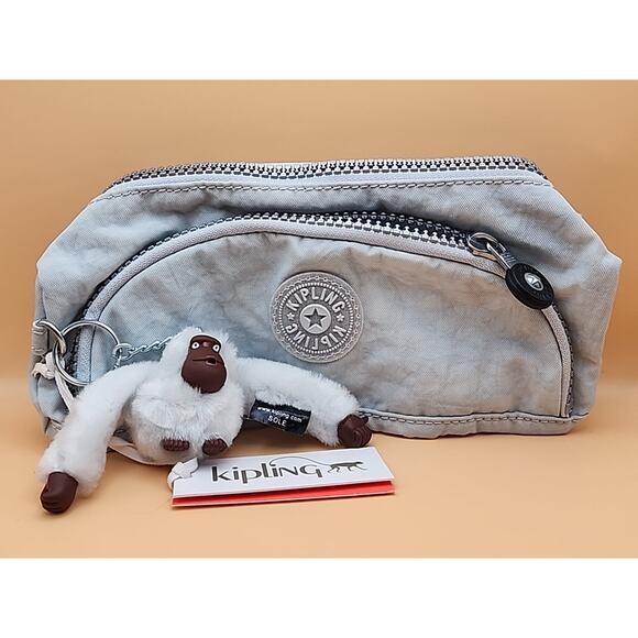 Kipling "Cute" Double Zip Pouch Soft Pen Case w/Gorilla - Icy Grey - Picture 1 of 5